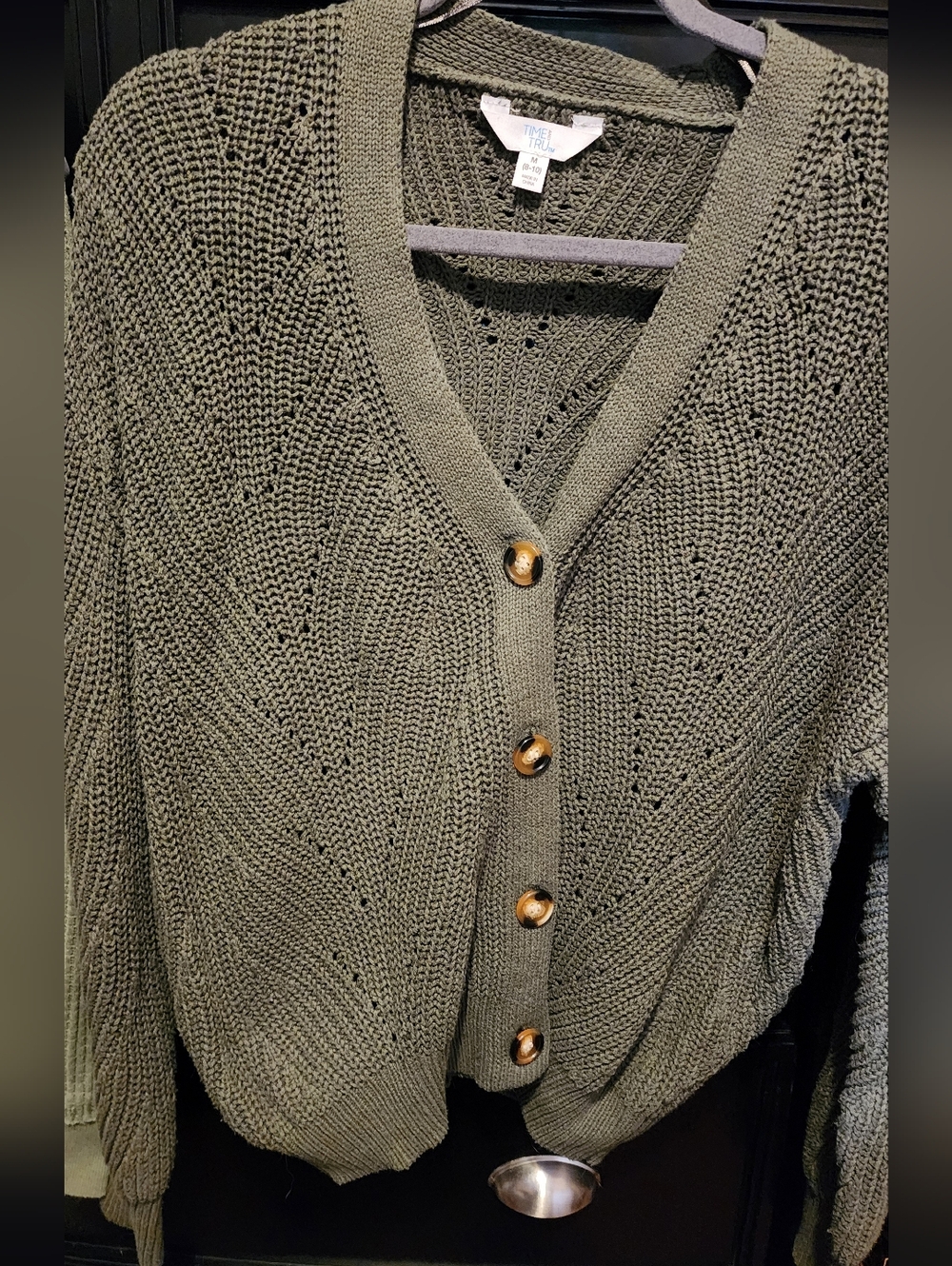 Time and Tru Olive Green Khaki Button-Front Knit Cardigan Womens Sz Medium 8-10